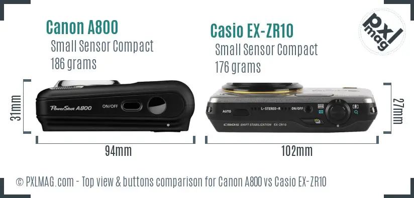 Canon A800 vs Casio EX-ZR10 top view buttons comparison