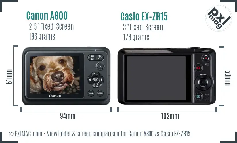 Canon A800 vs Casio EX-ZR15 Screen and Viewfinder comparison