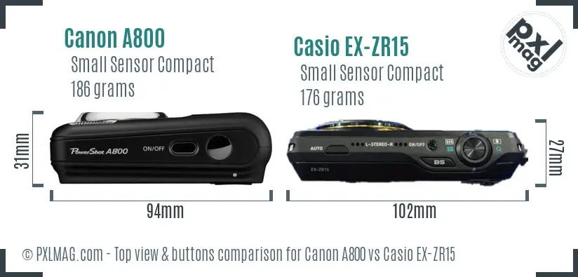 Canon A800 vs Casio EX-ZR15 top view buttons comparison