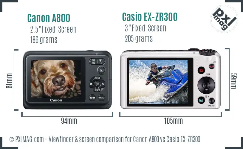 Canon A800 vs Casio EX-ZR300 Screen and Viewfinder comparison