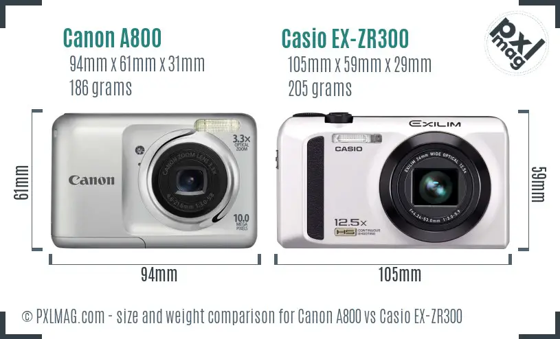 Canon A800 vs Casio EX-ZR300 size comparison