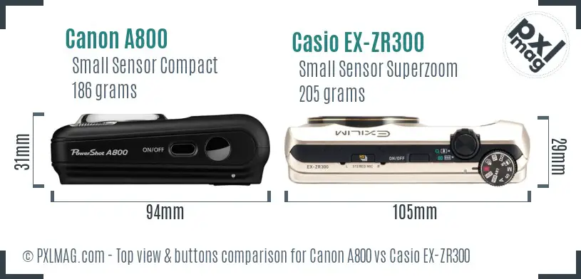 Canon A800 vs Casio EX-ZR300 top view buttons comparison