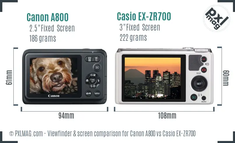 Canon A800 vs Casio EX-ZR700 Screen and Viewfinder comparison