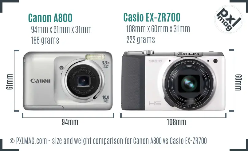 Canon A800 vs Casio EX-ZR700 size comparison