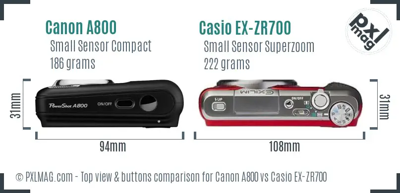 Canon A800 vs Casio EX-ZR700 top view buttons comparison