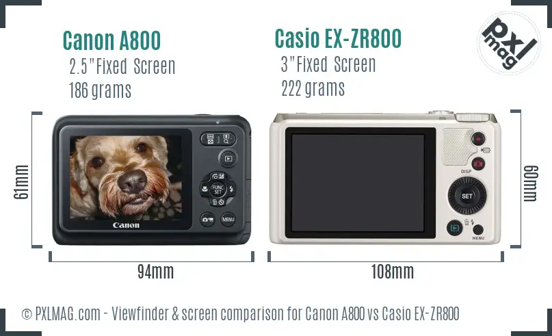 Canon A800 vs Casio EX-ZR800 Screen and Viewfinder comparison