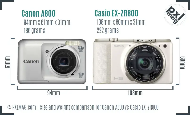 Canon A800 vs Casio EX-ZR800 size comparison
