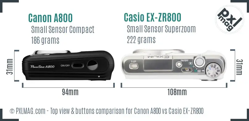 Canon A800 vs Casio EX-ZR800 top view buttons comparison
