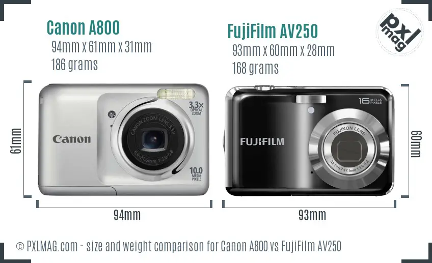 Canon A800 vs FujiFilm AV250 size comparison