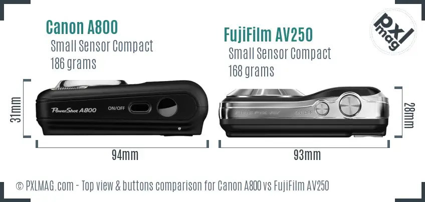 Canon A800 vs FujiFilm AV250 top view buttons comparison