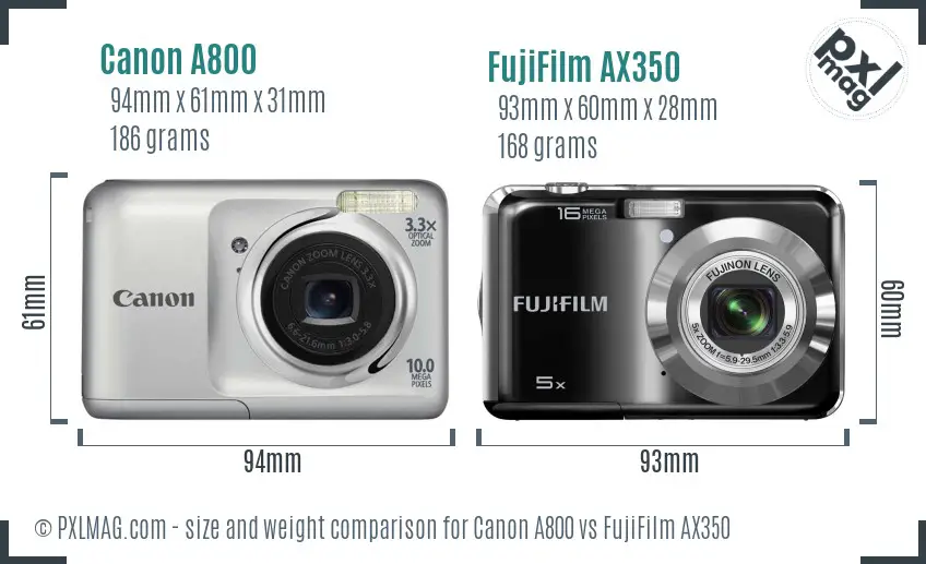 Canon A800 vs FujiFilm AX350 size comparison