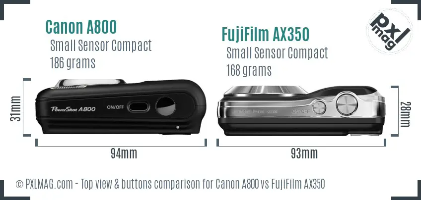 Canon A800 vs FujiFilm AX350 top view buttons comparison