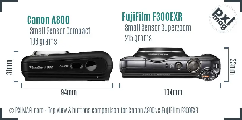 Canon A800 vs FujiFilm F300EXR top view buttons comparison
