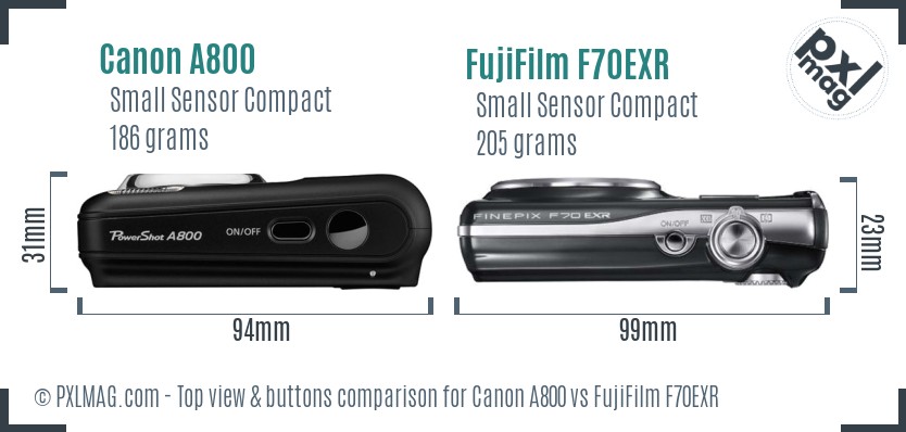 Canon A800 vs FujiFilm F70EXR top view buttons comparison