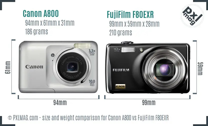 Canon A800 vs FujiFilm F80EXR size comparison