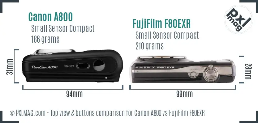 Canon A800 vs FujiFilm F80EXR top view buttons comparison