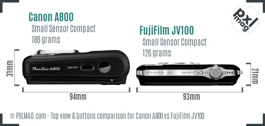 Canon A800 vs FujiFilm JV100 top view buttons comparison