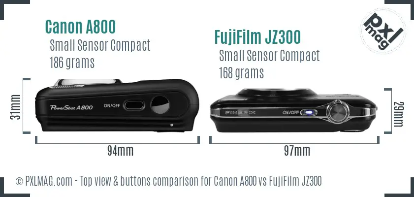 Canon A800 vs FujiFilm JZ300 top view buttons comparison