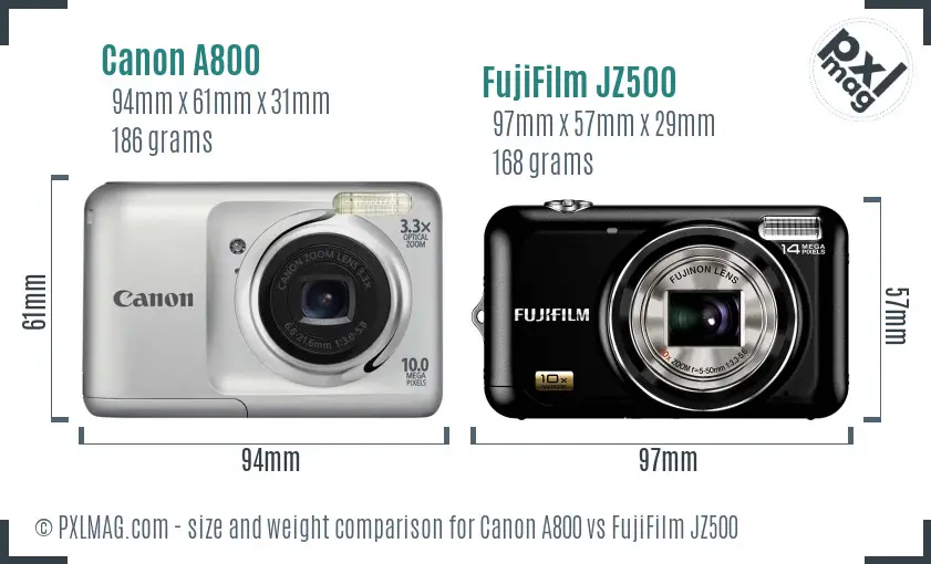 Canon A800 vs FujiFilm JZ500 size comparison