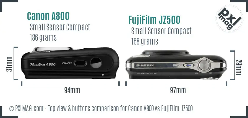 Canon A800 vs FujiFilm JZ500 top view buttons comparison