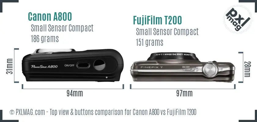 Canon A800 vs FujiFilm T200 top view buttons comparison