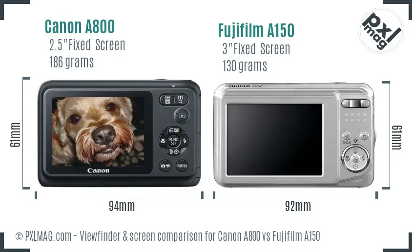 Canon A800 vs Fujifilm A150 Screen and Viewfinder comparison