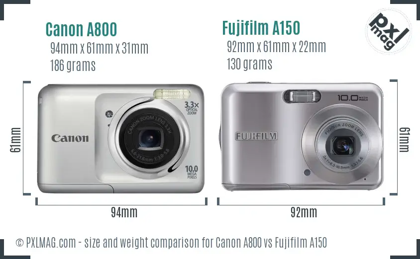 Canon A800 vs Fujifilm A150 size comparison
