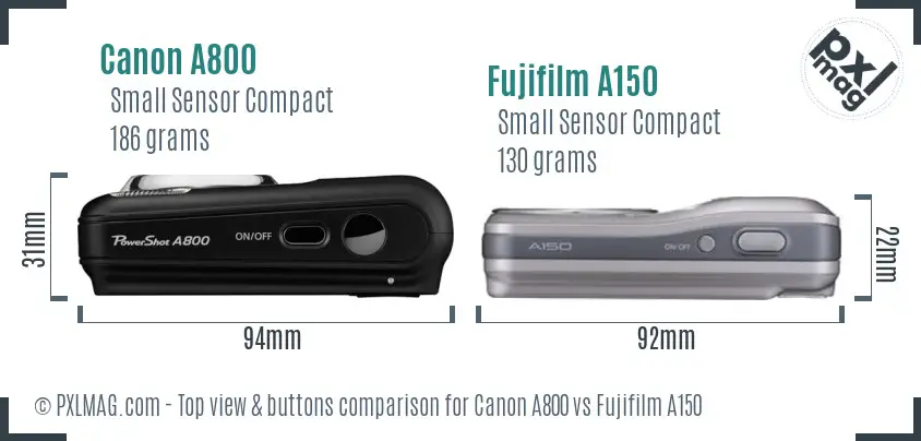 Canon A800 vs Fujifilm A150 top view buttons comparison