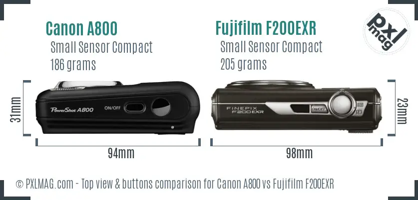 Canon A800 vs Fujifilm F200EXR top view buttons comparison Canon A800 vs Fujifilm F200EXR top view buttons comparison