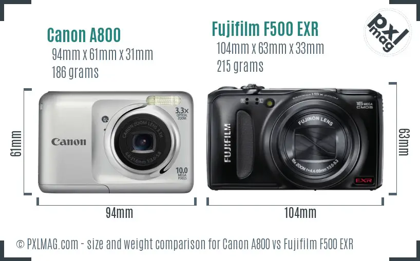 Canon A800 vs Fujifilm F500 EXR size comparison