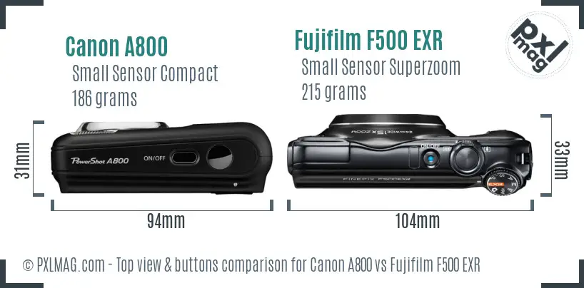 Canon A800 vs Fujifilm F500 EXR top view buttons comparison