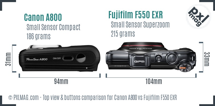 Canon A800 vs Fujifilm F550 EXR top view buttons comparison