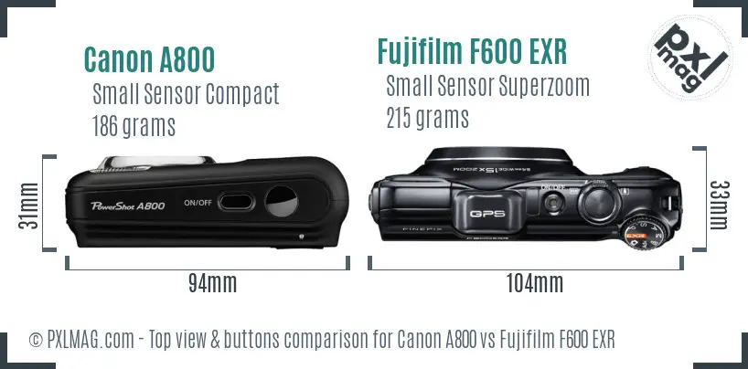 Canon A800 vs Fujifilm F600 EXR top view buttons comparison Canon A800 vs Fujifilm F600 EXR top view buttons comparison