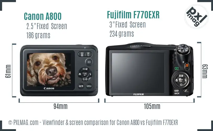 Canon A800 vs Fujifilm F770EXR Screen and Viewfinder comparison