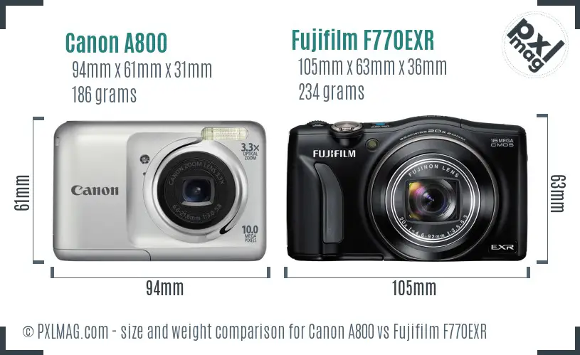 Canon A800 vs Fujifilm F770EXR size comparison