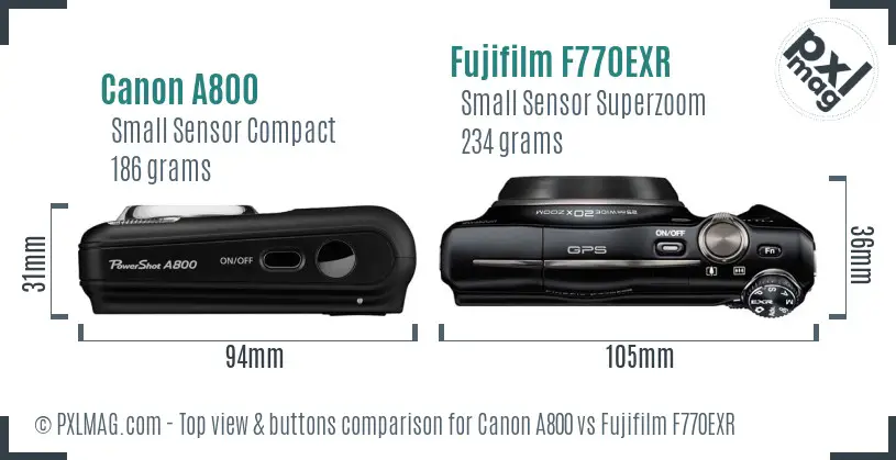 Canon A800 vs Fujifilm F770EXR top view buttons comparison