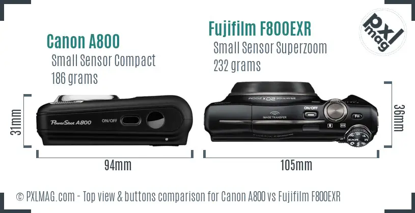 Canon A800 vs Fujifilm F800EXR top view buttons comparison
