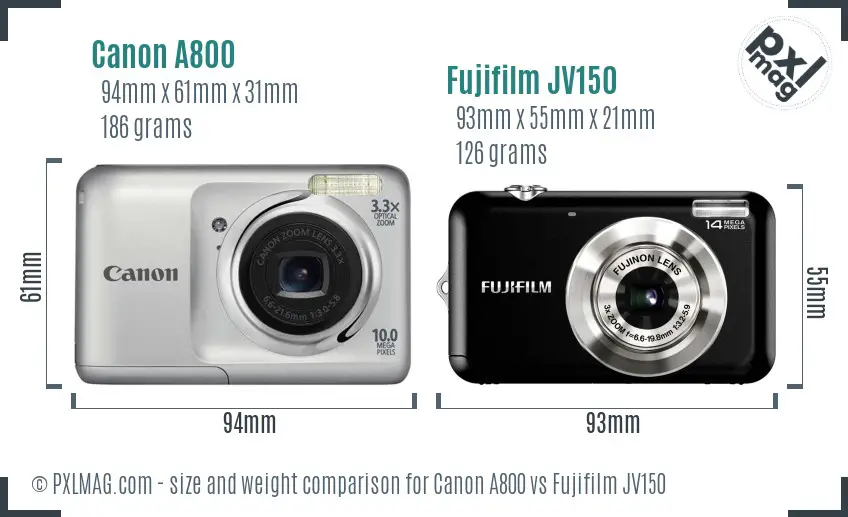 Canon A800 vs Fujifilm JV150 size comparison