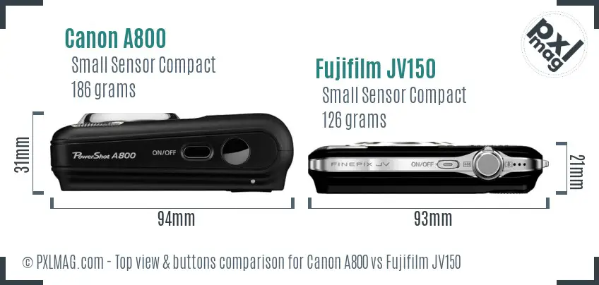 Canon A800 vs Fujifilm JV150 top view buttons comparison