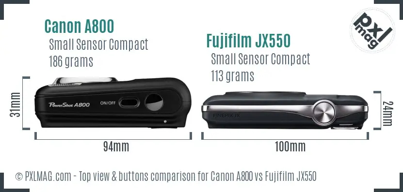 Canon A800 vs Fujifilm JX550 top view buttons comparison Canon A800 vs Fujifilm JX550 top view buttons comparison