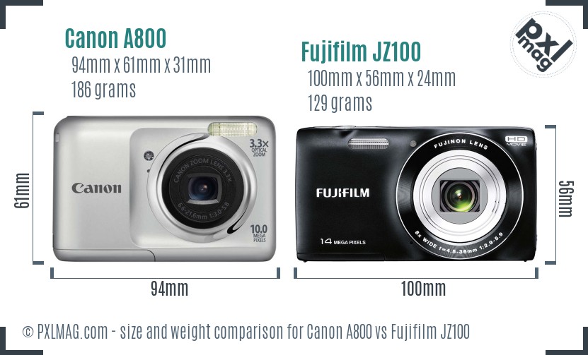 Canon A800 vs Fujifilm JZ100 size comparison Canon A800 vs Fujifilm JZ100 size comparison