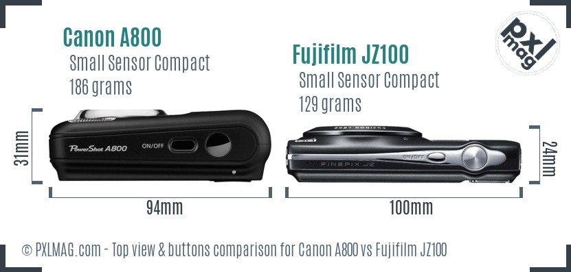 Canon A800 vs Fujifilm JZ100 top view buttons comparison