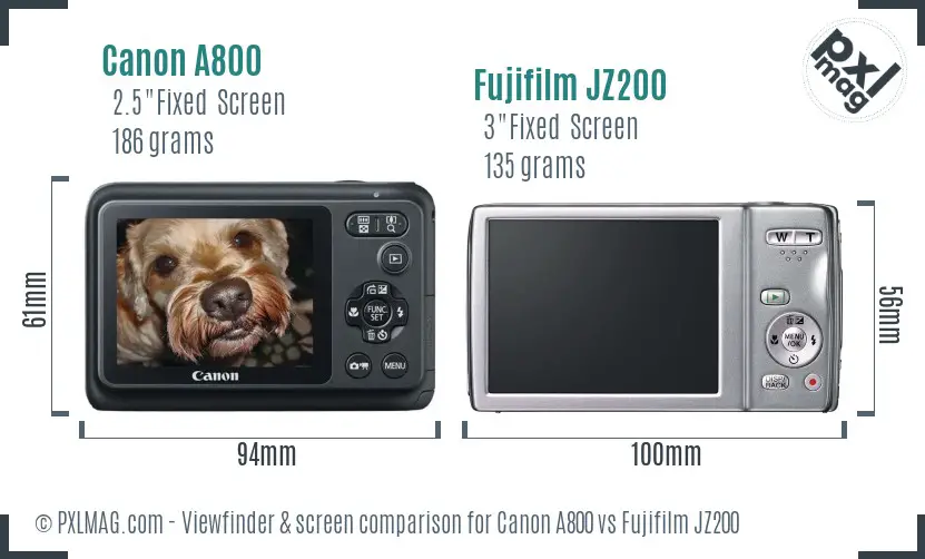 Canon A800 vs Fujifilm JZ200 Screen and Viewfinder comparison