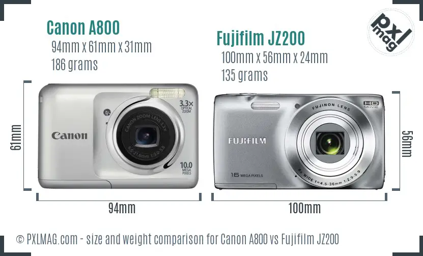 Canon A800 vs Fujifilm JZ200 size comparison