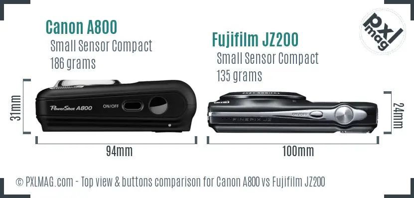 Canon A800 vs Fujifilm JZ200 top view buttons comparison
