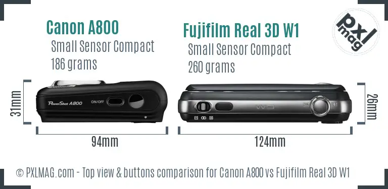 Canon A800 vs Fujifilm Real 3D W1 top view buttons comparison