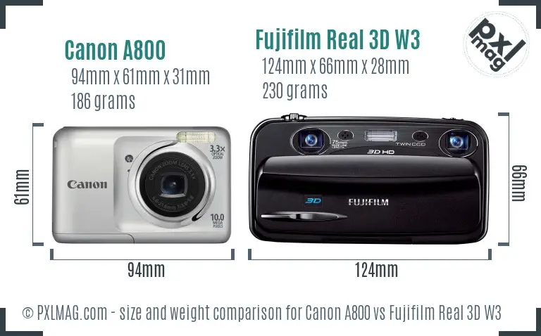 Canon A800 vs Fujifilm Real 3D W3 size comparison