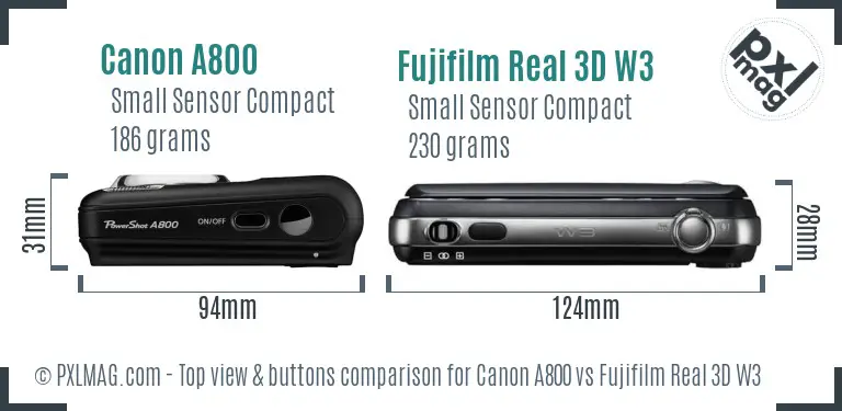 Canon A800 vs Fujifilm Real 3D W3 top view buttons comparison