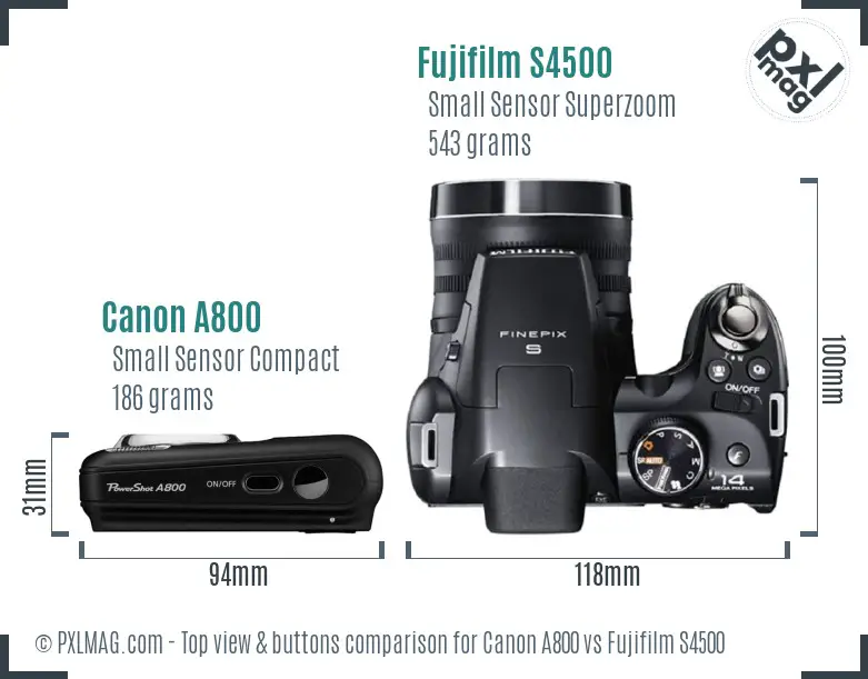 Canon A800 vs Fujifilm S4500 top view buttons comparison