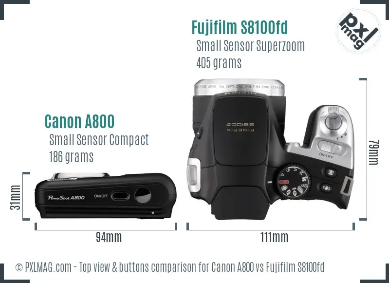 Canon A800 vs Fujifilm S8100fd top view buttons comparison Canon A800 vs Fujifilm S8100fd top view buttons comparison